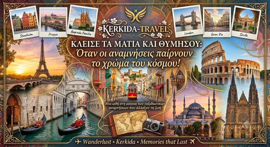 Κολάζ με κορυφαίους ταξιδιωτικούς προορισμούς στην Ευρώπη από το Kerkida-Travel