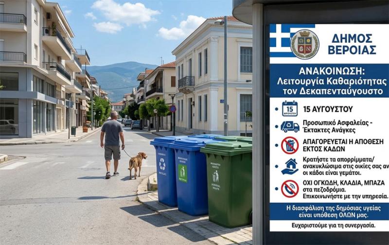Δήμος Βέροιας: Λειτουργία της Υπηρεσίας Καθαριότητας - Ανακυκλώσιμων Υλικών τις ημέρες του Δεκαπενταύγουστου